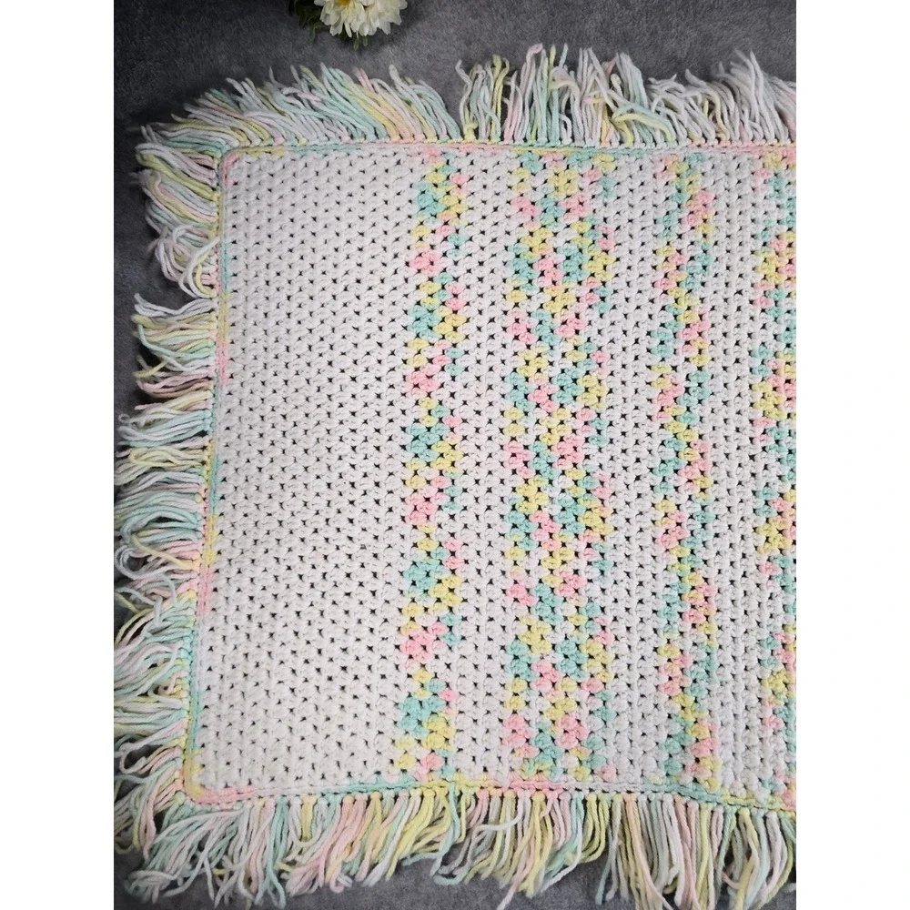 Vintage Handmade Crochet Pastel Rainbow Baby Blanket Fringe Tassel Trim 38x29